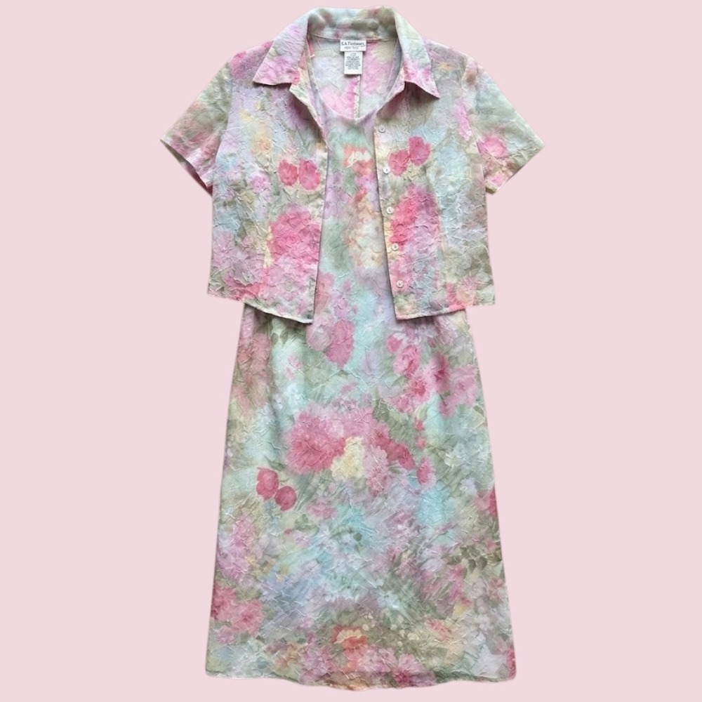 Floral 2 Piece Dress Set Pink Green Vintage 90s Cottagecore 12P
